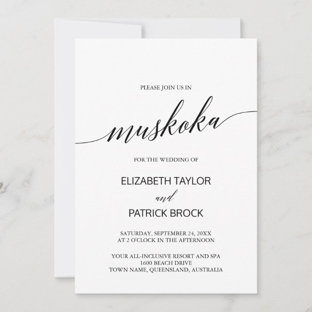 Elegante Calligraphy Muskoka-Hochzeit in Urlaubsor Einladung (Vorderseite)