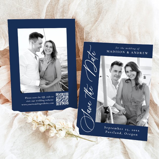 Elegante Calligraphy Navy 2 Foto QR Code Wedding Save The Date (Von Creator hochgeladen)