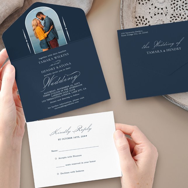 Elegante Calligraphy Navy Blue Foto UAWG Wedding All In One Einladung (Von Creator hochgeladen)