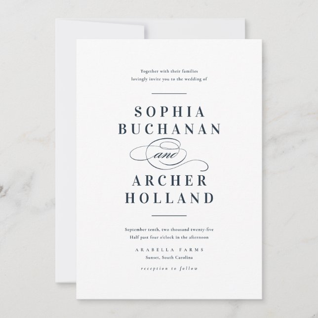 Elegante Calligraphy Navy Blue Wedding Einladung (Vorderseite)