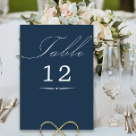 Elegante Calligraphy Navy Blue Wedding Tischnummer<br><div class="desc">Navy Hochzeitskarte mit eleganter Kalligraphie und bearbeitbarer Tischnummer. Die Tischnummer ist blau und blau. Einfaches, modernes minimalistisches Design zum Anzug Ihrer Hochzeitsfarben. Tabelle wird in handgeschriebenem Skript geschrieben, und die Vorlage ist für Sie bereit, die Tischnummer zu bearbeiten. Die Koordination von Einladungen, Schreibwaren und Veranstaltungsdekoration finden Sie in meiner Sammlung...</div>