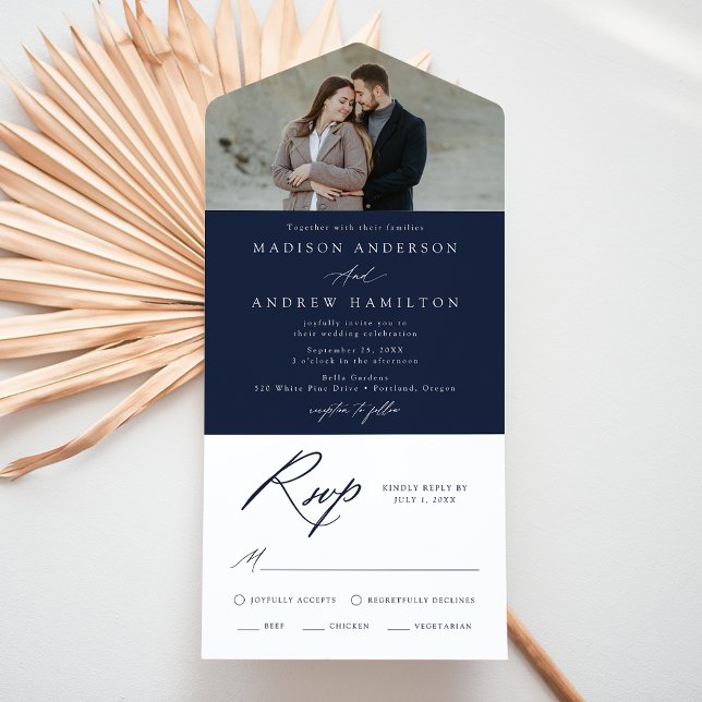 Elegante Calligraphy Navy Foto Hochzeit All In One Einladung (Von Creator hochgeladen)