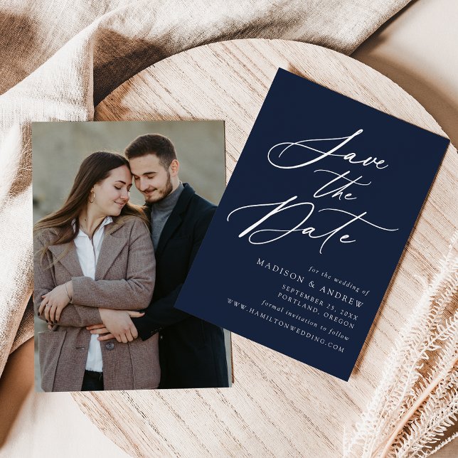 Elegante Calligraphy Navy Foto Hochzeit Save The Date (Von Creator hochgeladen)