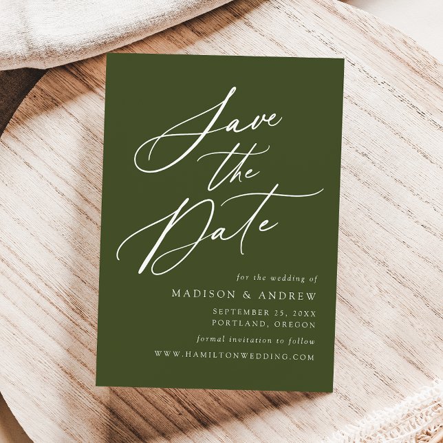 Elegante Calligraphy Olive Green Wedding Save The Date (Von Creator hochgeladen)