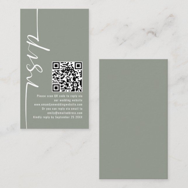 Elegante Calligraphy QR Code Sage Wedding RSVP Begleitkarte (Vorne/Hinten)