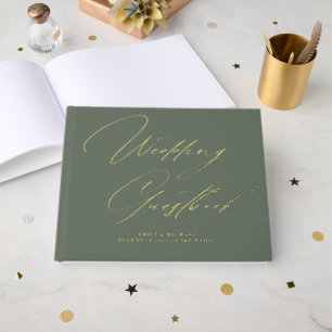 Elegante Calligraphy Sage Green Gold Foil Hochzeit Gästebuch