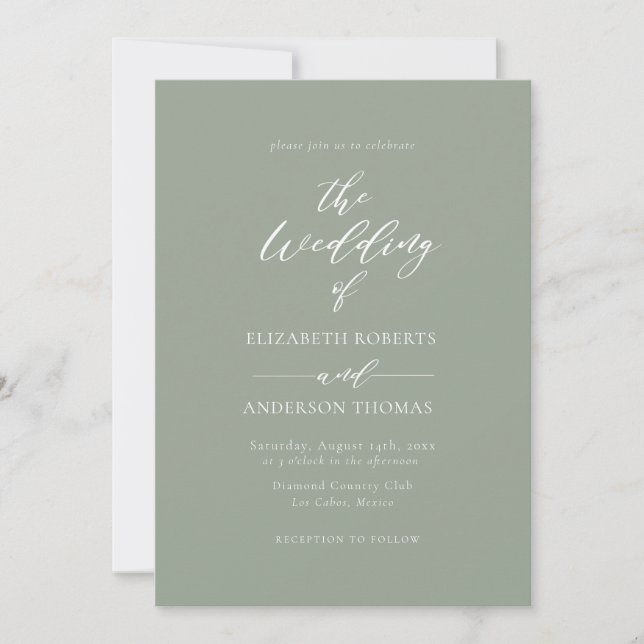 Elegante Calligraphy Sage Wedding Einladung (Vorderseite)