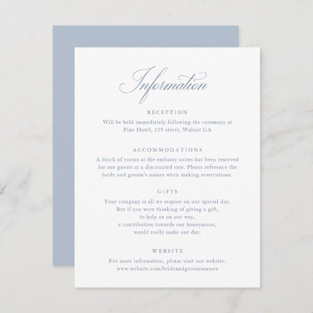 Elegante Calligraphy Script Blue Wedding Info Card Einladung (Vorne/Hinten)