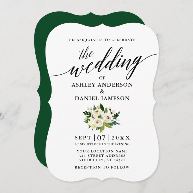 Elegante Calligraphy Script Green Floral Wedding Einladung (Vorne/Hinten)