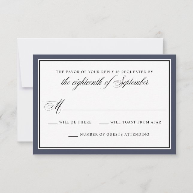 Elegante Calligraphy Script Navy Blue Wedding RSVP (Vorderseite)