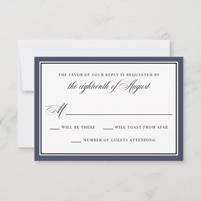 Elegante Calligraphy Script Navy Blue Wedding RSVP (Vorderseite)