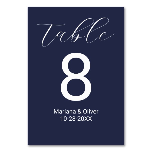 Elegante Calligraphy Script Navy Blue Wedding Tischnummer (Vorderseite)