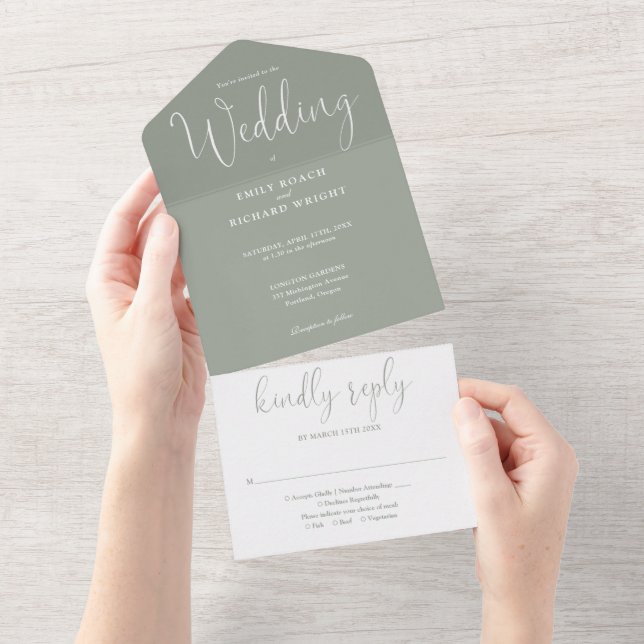 Elegante Calligraphy Script Sage Green Wedding All In One Einladung (Abreißen)