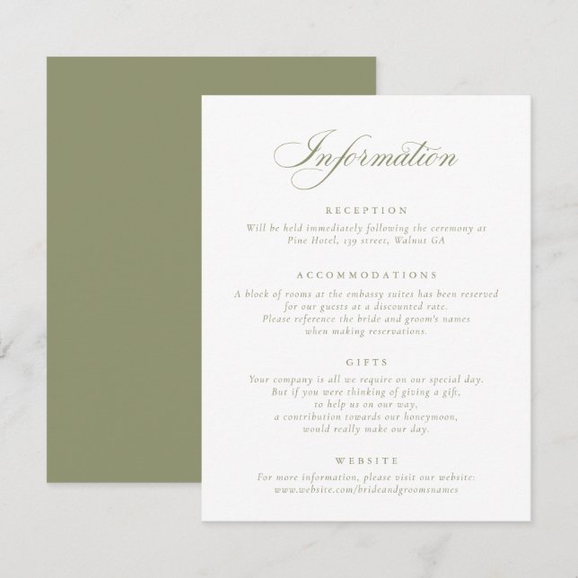 Elegante Calligraphy Script Sage Green Wedding Inf Einladung (Vorne/Hinten)