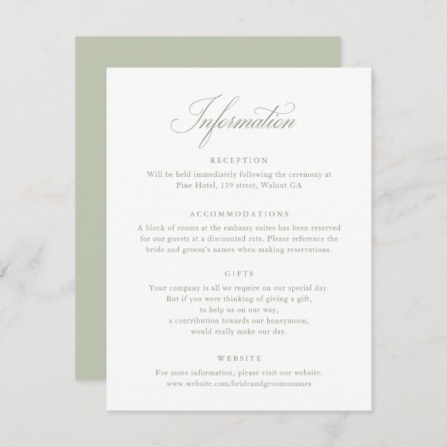 Elegante Calligraphy Script Sage Wedding Info Card Einladung (Vorne/Hinten)
