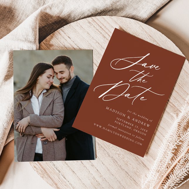 Elegante Calligraphy Terracotta Foto Wedding Save The Date (Von Creator hochgeladen)