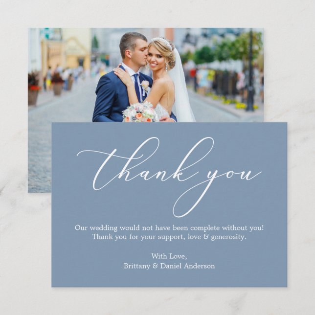 Elegante Calligraphy Wedding Foto Dusty Blue Dankeskarte (Vorne/Hinten)