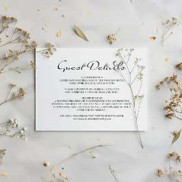 Elegante Calligraphy White Wedding Guest Details Begleitkarte