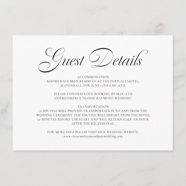 Elegante Calligraphy White Wedding Guest Details Begleitkarte (Vorderseite)