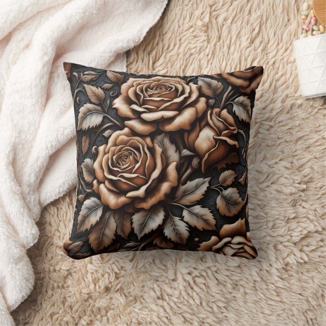 Elegante Carved-Rose im dunklen Hintergrund Kissen (Decke)