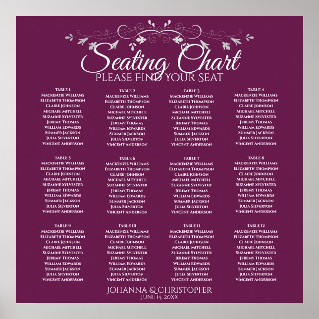 Elegante Cassis 12 Tabelle Seating Chart Poster (Vorne)