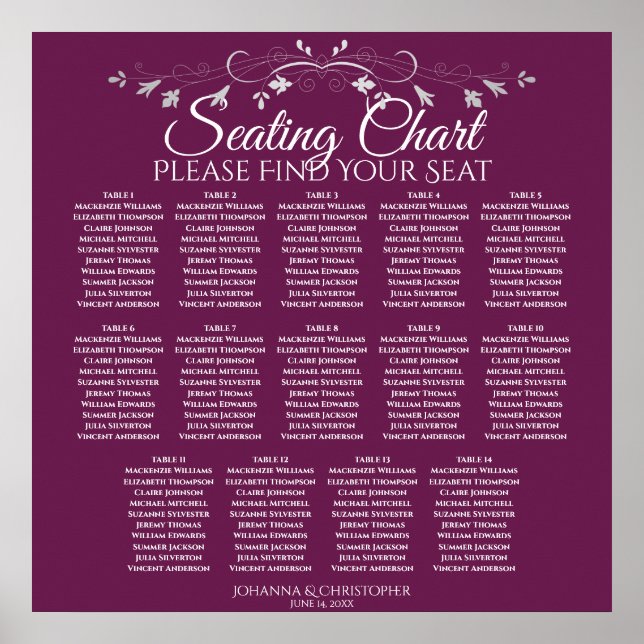 Elegante Cassis 14 Tabelle Seating Chart Poster (Vorne)