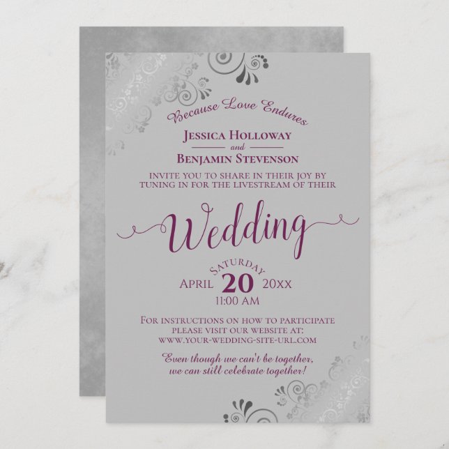 Elegante Cassis Lila auf Gray Wedding Livestream Einladung (Vorne/Hinten)