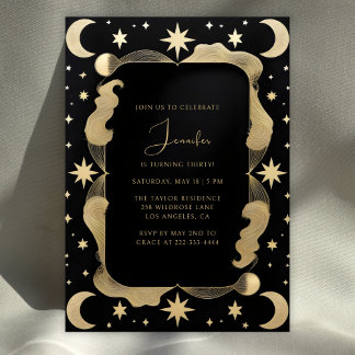Elegante Celestial Black & Gold Stars 30. Geburtst Einladung