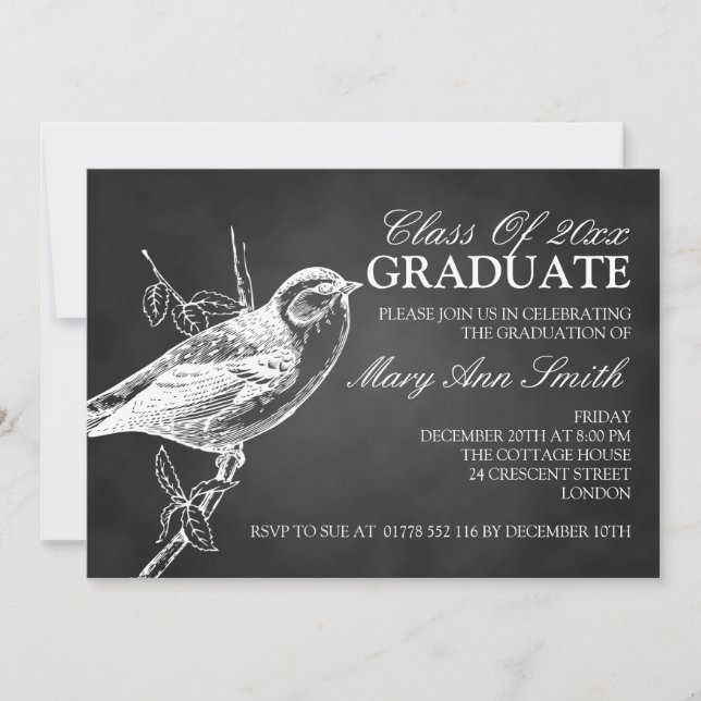 Elegante Chalkboard Bird Graduation Party Black Einladung (Vorderseite)