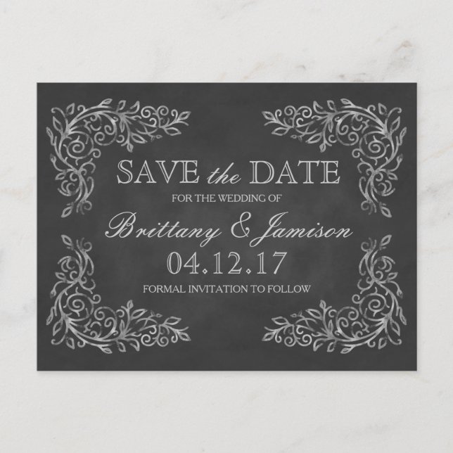 Elegante Chalkboard Filigree Wedding Save the Date Ankündigungspostkarte (Vorderseite)