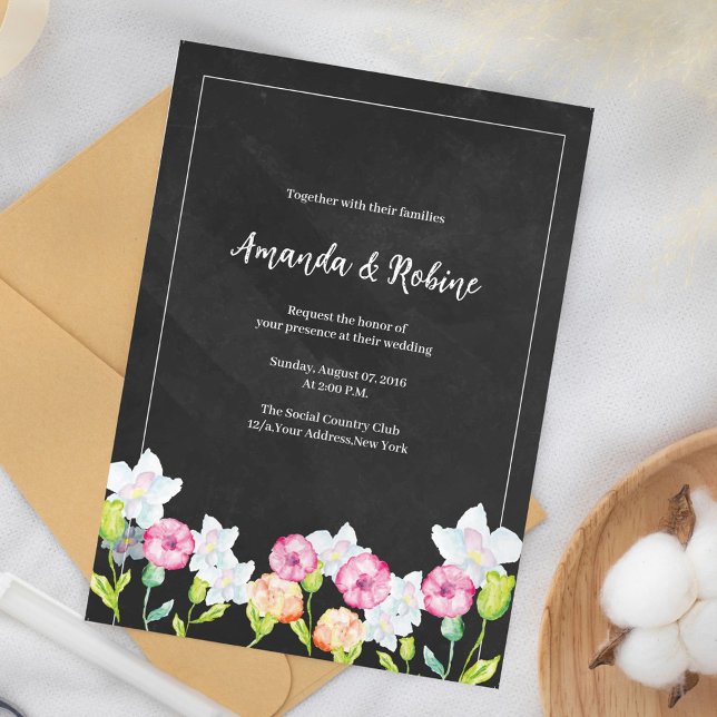 Elegante Chalkboard Floral Wedding Einladung (Von Creator hochgeladen)