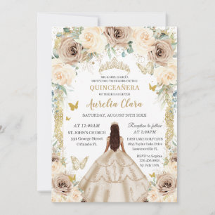 Elegante Champagne Floral Vintag Gold Quinceñera Einladung