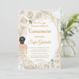 Elegante Champagne Floral Vintag Gold Quinceñera Einladung