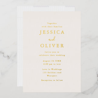 Elegante Champagne & Gold Text Hochzeit Folieneinladung