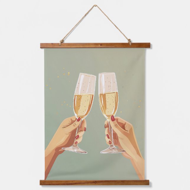 Elegante Champagne Toast Celebration Wandteppich Mit Holzrahmen (Vorderseite)