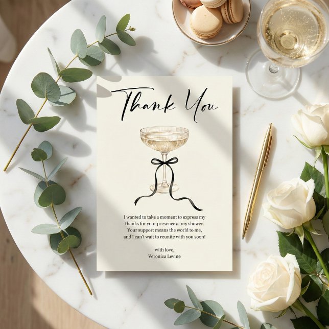 Elegante Champagner-Kuppa Schwarze Schleife Brautp Dankeskarte (Coquette Bridal Shower Thank You Card)