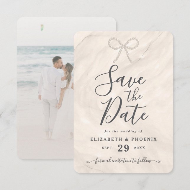 Elegante Champagner-Perlen-Schleife Benutzerdefini Save The Date (Vorne/Hinten)