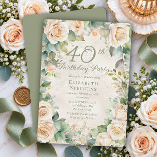 Elegante Champagner-Rosen-Salbei-Blumen zum 40. Ge Einladung