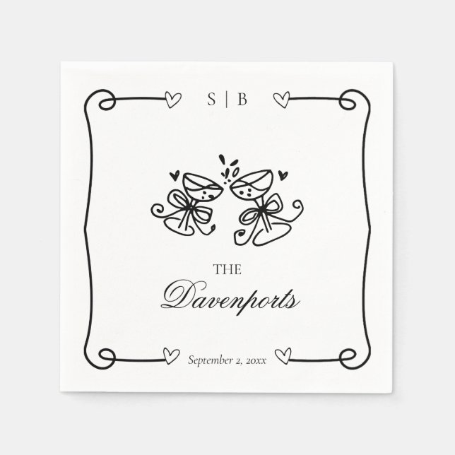 Elegante Champagner Toast Hand Drawn Doodle Weddin Serviette (Vorderseite)