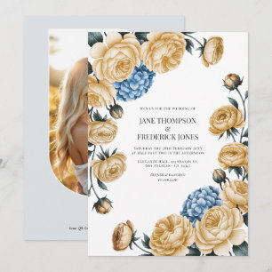 Elegante Champagner- und Staubblaue Blumenhochzeit Einladung