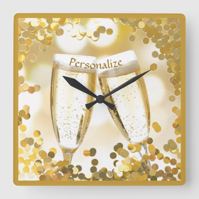 Elegante Champagnerbrille Celebrate Gold Confetti Quadratische Wanduhr (Vorderseite)