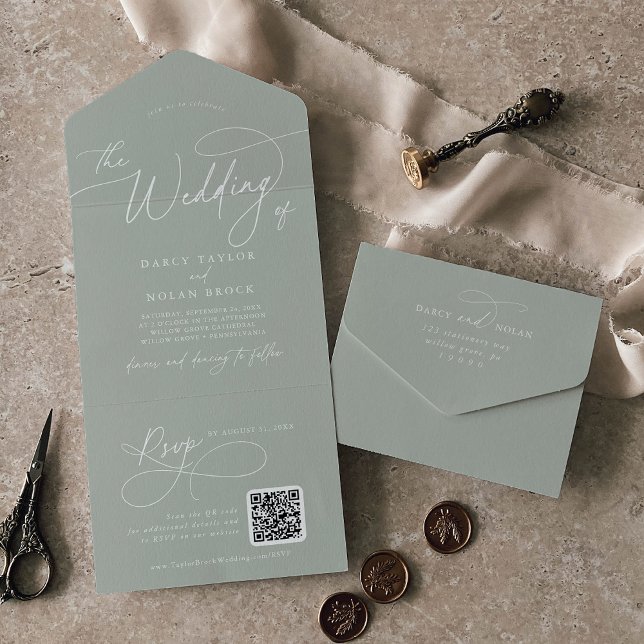 Elegante Charm QR Code Sage Green Wedding All In One Einladung (Elegant Charm QR Code Sage Green Wedding All In One Invitation)