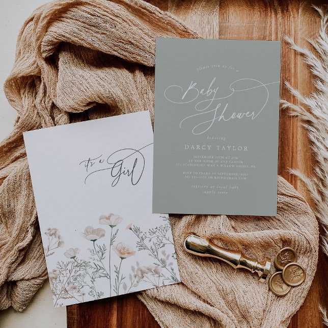 Elegante Charm Sage Green Wildblume Babydusche Einladung (Elegant Charm Sage Green Wildflower Baby Shower Invitation)