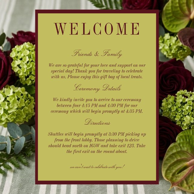 Elegante Chartreuse-Burgunder-Hochzeitsbegrüßung Programm (Elegant Chartreuse Burgundy Wedding Welcome Program)