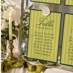 Elegante chartreuse gestreifte Hochzeitssitzordnun Tischnummer