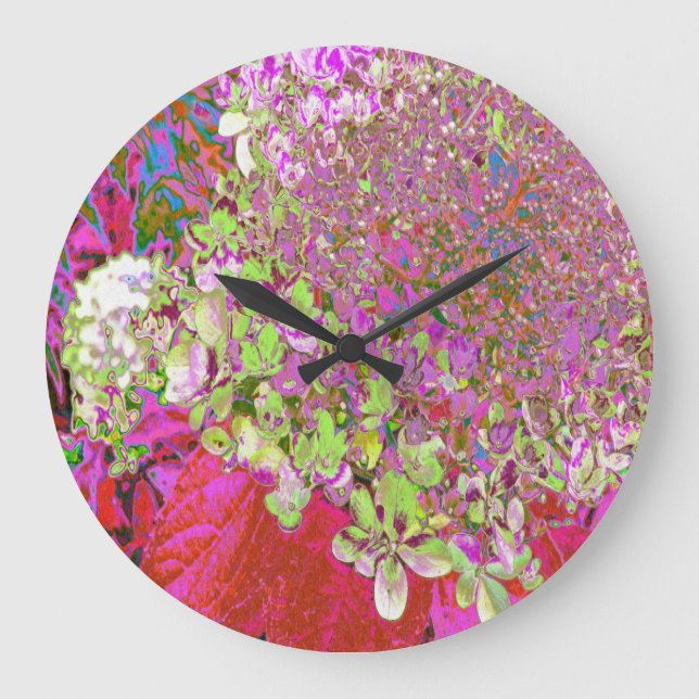Elegante Chartreuse Green, Pink und Blue Hydrangea Große Wanduhr (Vorderseite)