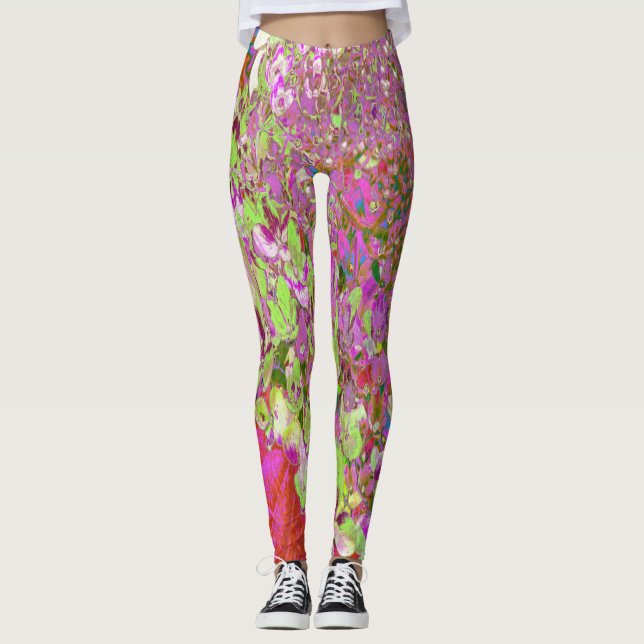 Elegante Chartreuse Green, Pink und Blue Hydrangea Leggings (Vorderseite)