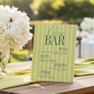 Elegante Chartreuse-Streifen Open-Bar-Menü Hochzei Sockelschild