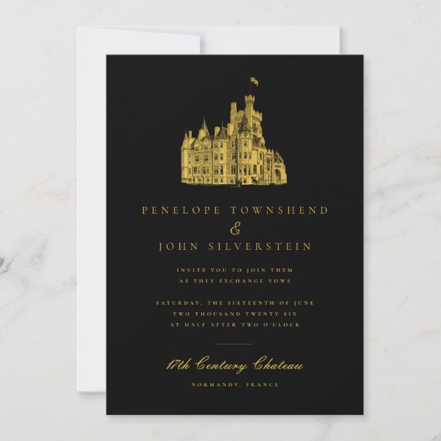 Elegante Château Illustration Black Gold Wedding Einladung (Vorderseite)