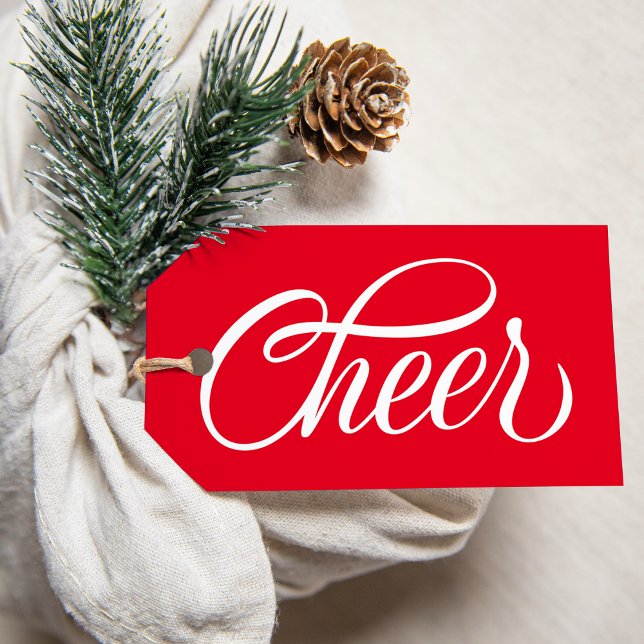 Elegante Cheer Red Script Weihnachtsfeiertag Geschenkanhänger (Von Creator hochgeladen)